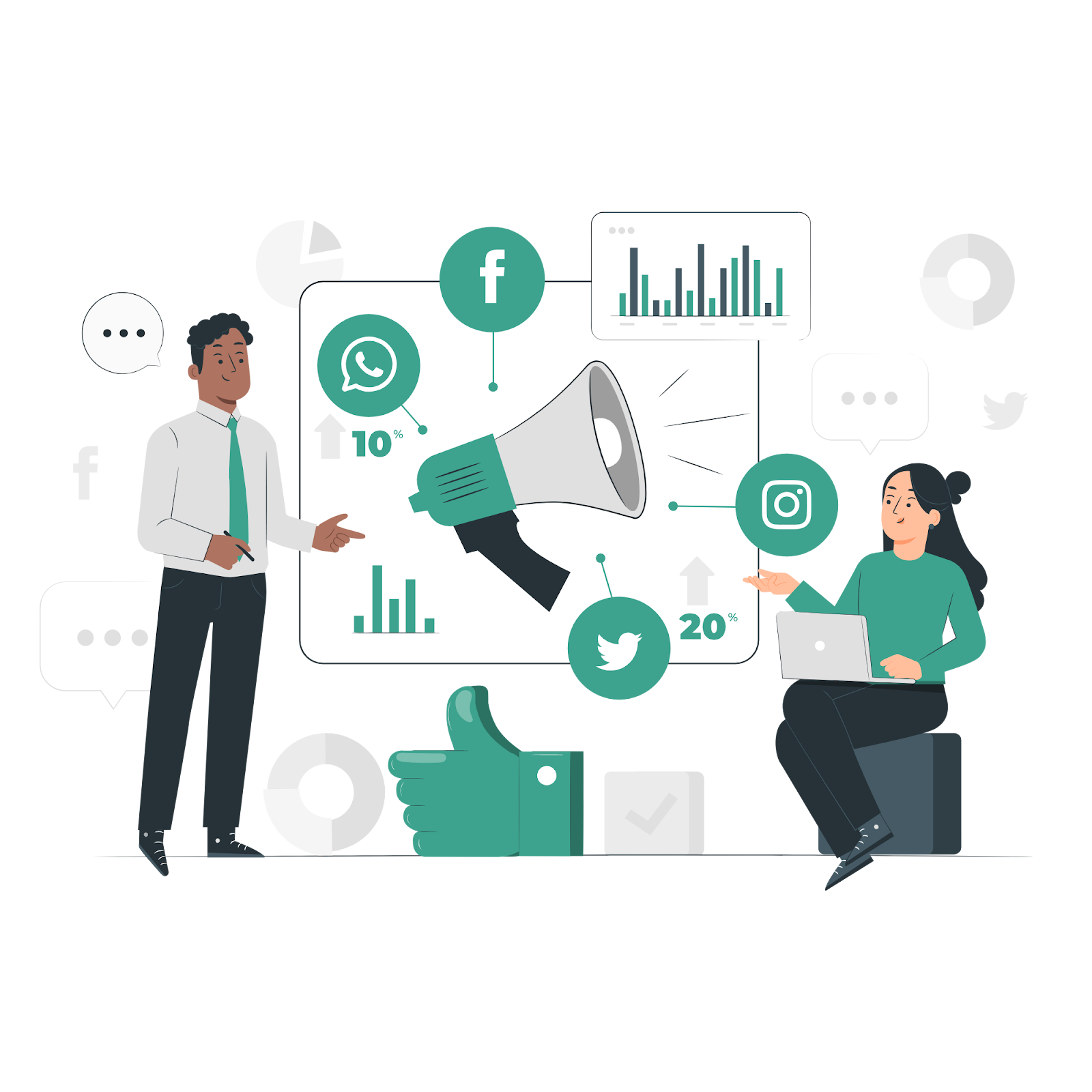 Illustration of a digital marketing concept with two professionals discussing paid media strategies, featuring icons for social media platforms like Facebook, Instagram, and Twitter, alongside analytics charts and engagement metrics.