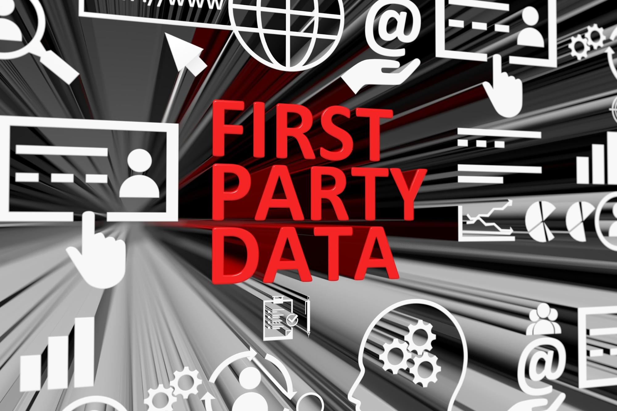 Graphic emphasizing the importance of first-party data with icons representing user profiles, data analytics, and digital interaction.