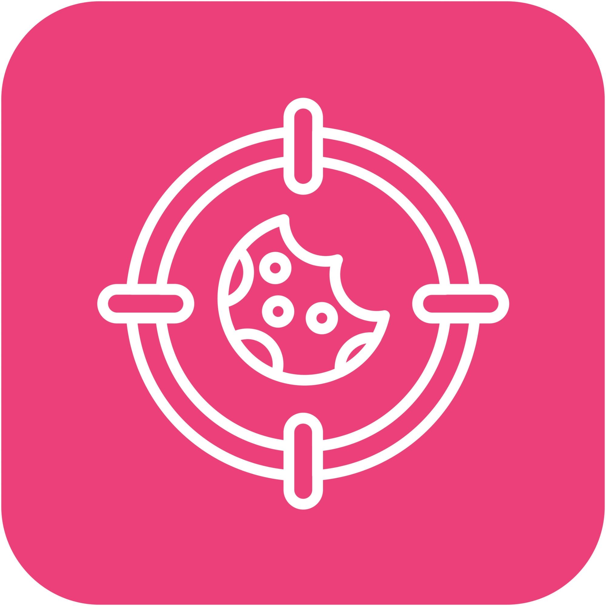 Pink icon featuring a cookie inside a crosshair, symbolizing targeted tracking or cookie-based advertising.