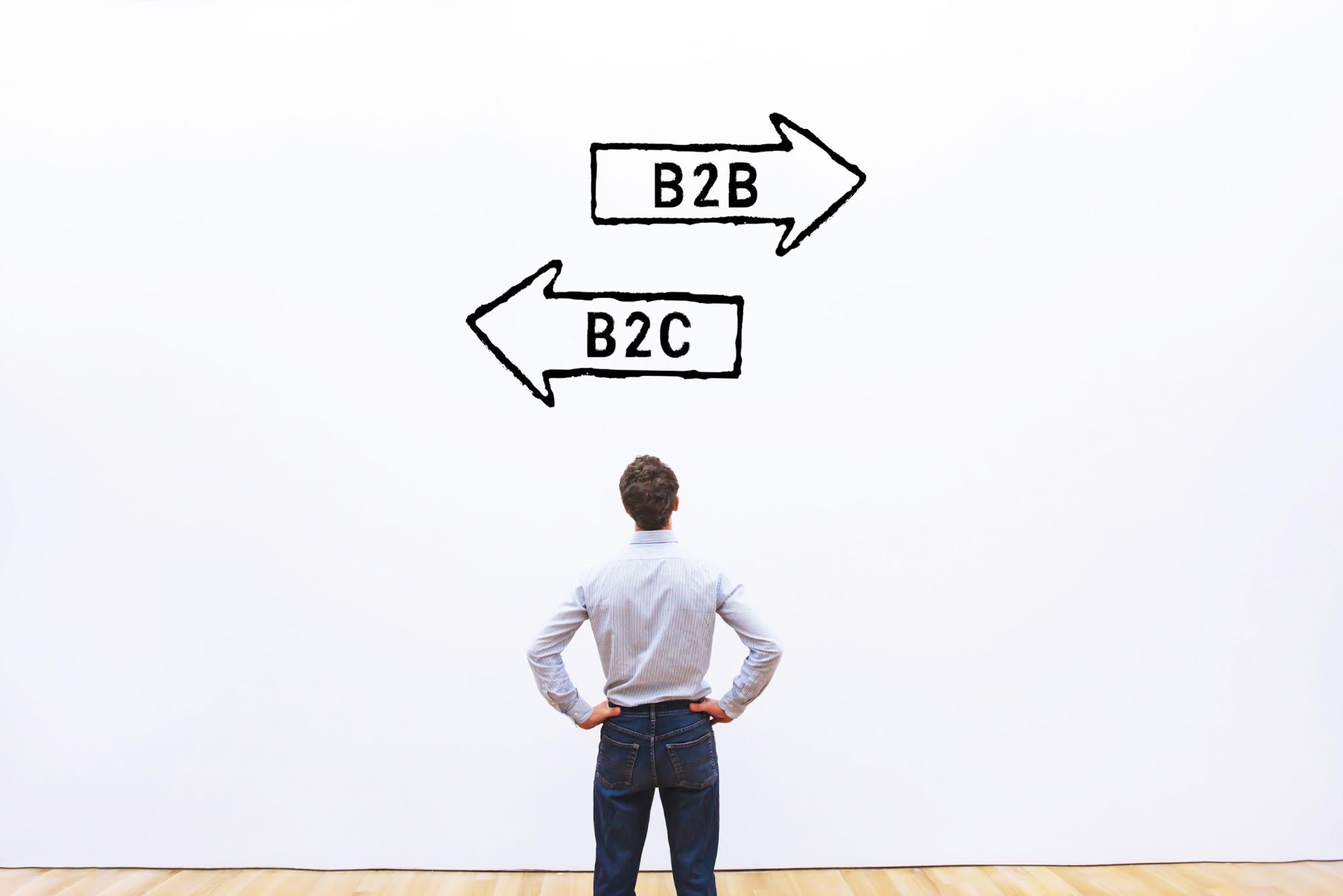 Arrow pointing left with B2C text and arrow pointing right with B2B text and a man standing in front of both