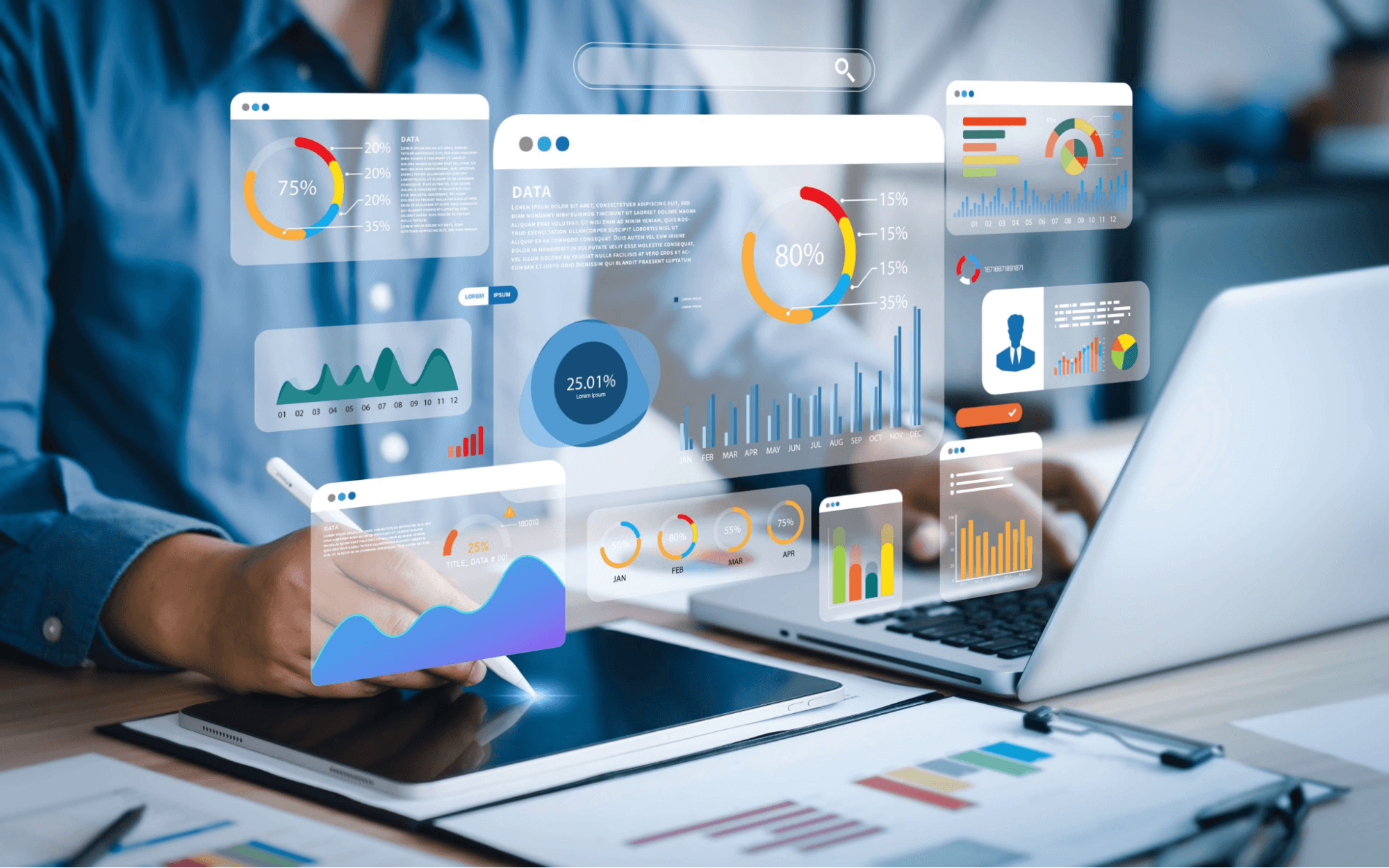 Man working on tablet and laptop with different data charts overlaid